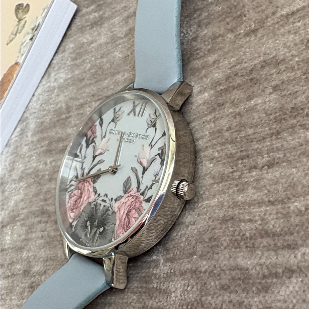 Olivia Burton Floral Watch - Silver/Light Blue Leather Strap - Picture 7 of 11